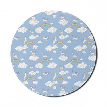 Cartoon Mouse Pad for Computers, Mythical Creatures Walking and Jumping Clouds with Rainbows Unicorn, Round Non-Slip Thick Rubber Modern Gaming Mousepad, 8" Round, Sky Blue Multicolor, by Ambesonne