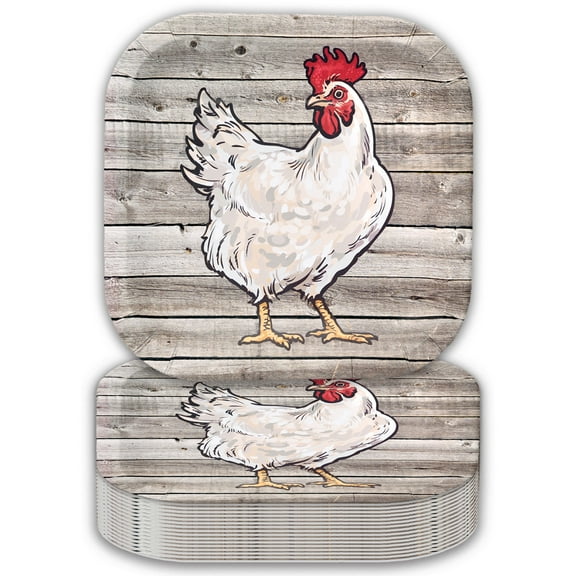 Havercamp Chicken 9” Plates on Barnwood (24 pcs.)! Authentic and Clucky Chicken on a Rustic Barnwood Background. 24 Lg. 9 in. Square Dinner Plates. Pair with the Farm Table Collection!