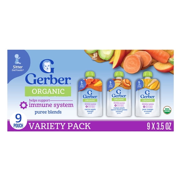 Gerber Stage 2 Baby Food, Organic Fruit Puree Variety Pack, 3.5 oz Pouches (9 Pack)​