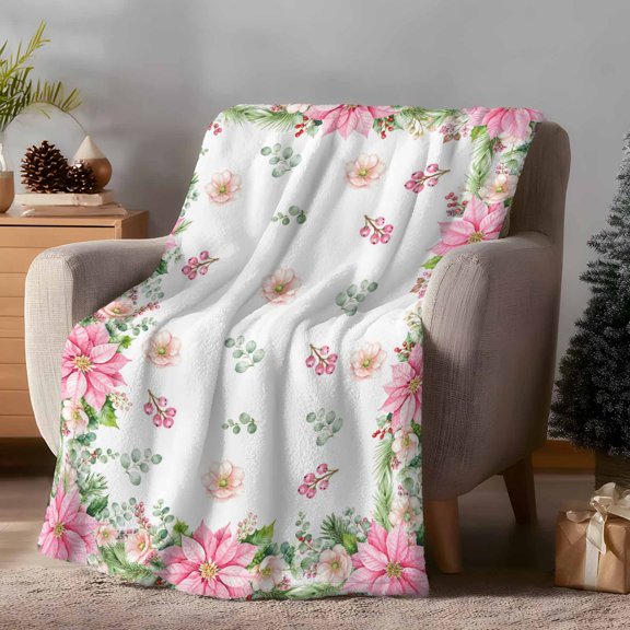 Throw Blanket Fleece Throw Blanket 30x40in, Christmas Watercolor Poinsettia Soft Lightweight Bed Blankets Pink Flower Eucalyptus Leaf Fuzzy Couch Blankets for All Season