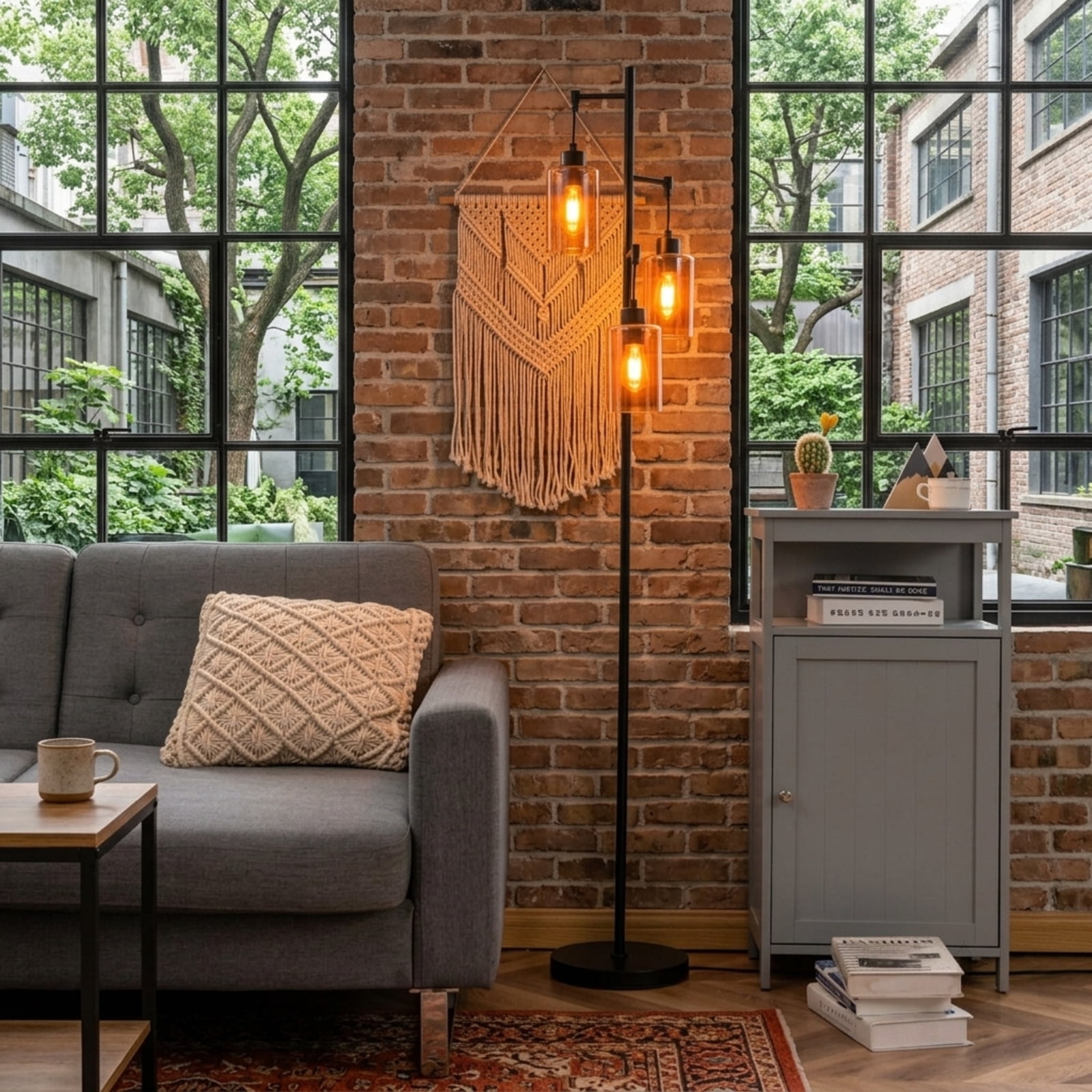 Vebreda Retro Floor Lamp with 3 Hanging Amber Glass Shades and Foot Switch for Living Room Bedroom-Black | Industrial Standing Lamp
