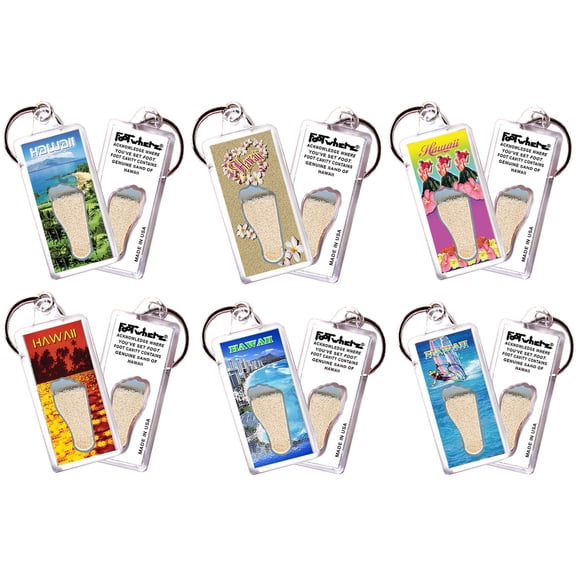 Hawaii FootWhere Souvenir Keychains. (HI100 - Assorted) 6 Piece Set