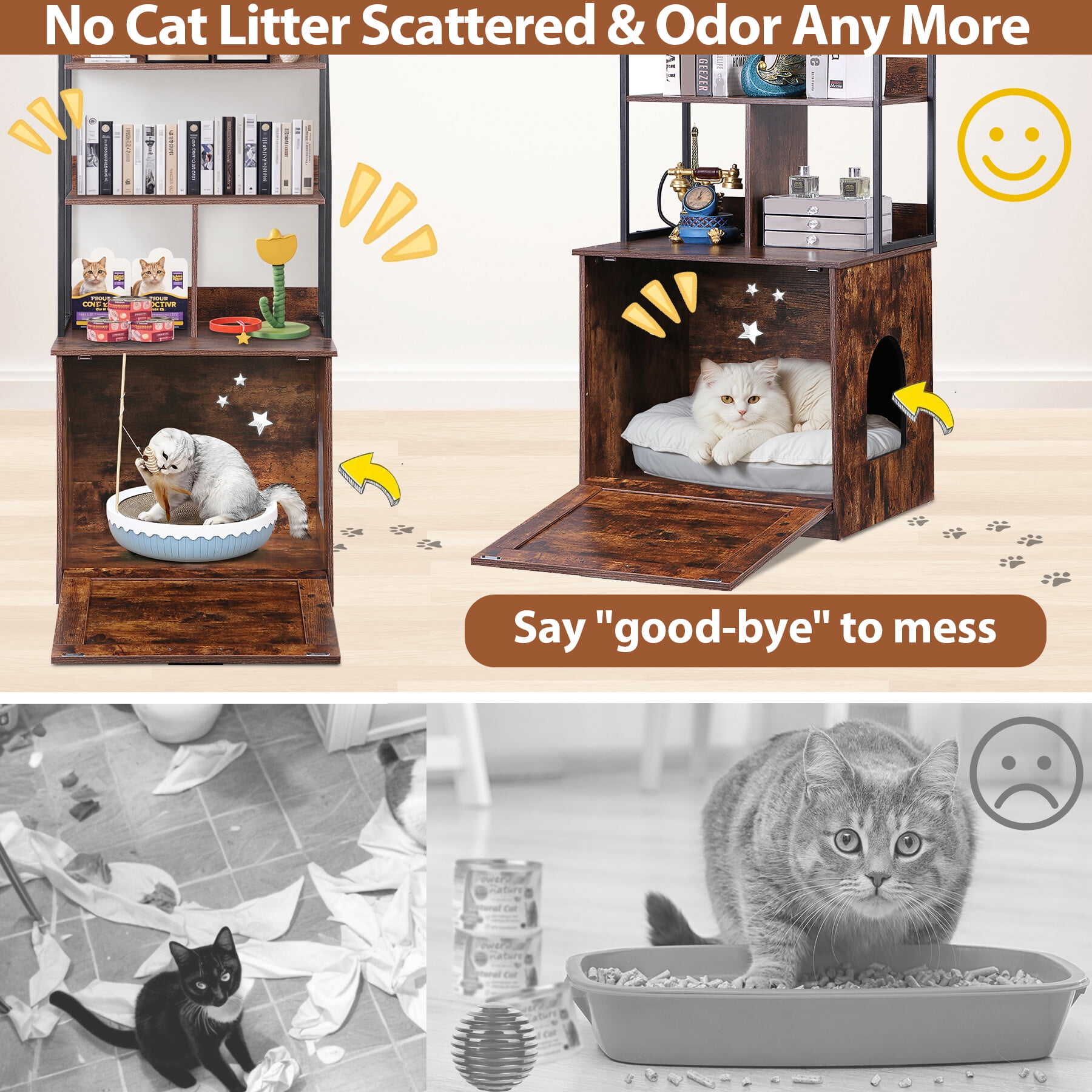 HomGarden 2-in-1 Cat Hidden Litter Box Enclosure W/Storage Shelves, Cat Washroom & Furniture, Rustic Brown