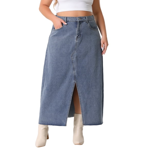 Agnes Orinda Women's Plus Size Vintage Denim Maxi Skirt Frayed Raw Hem High Waist Front Slit Long Jean Skirts 2X Gray Blue