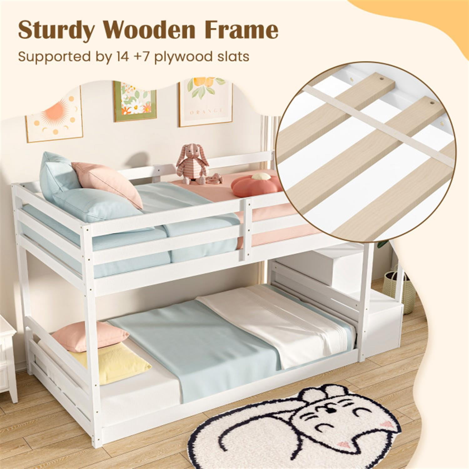 Demi Bonn Twin Over Twin Low Bunk Bed with Storage Stairs, Solid Wood Floor Bunkbeds Frame for Bedroom, No Box Spring Needed, White