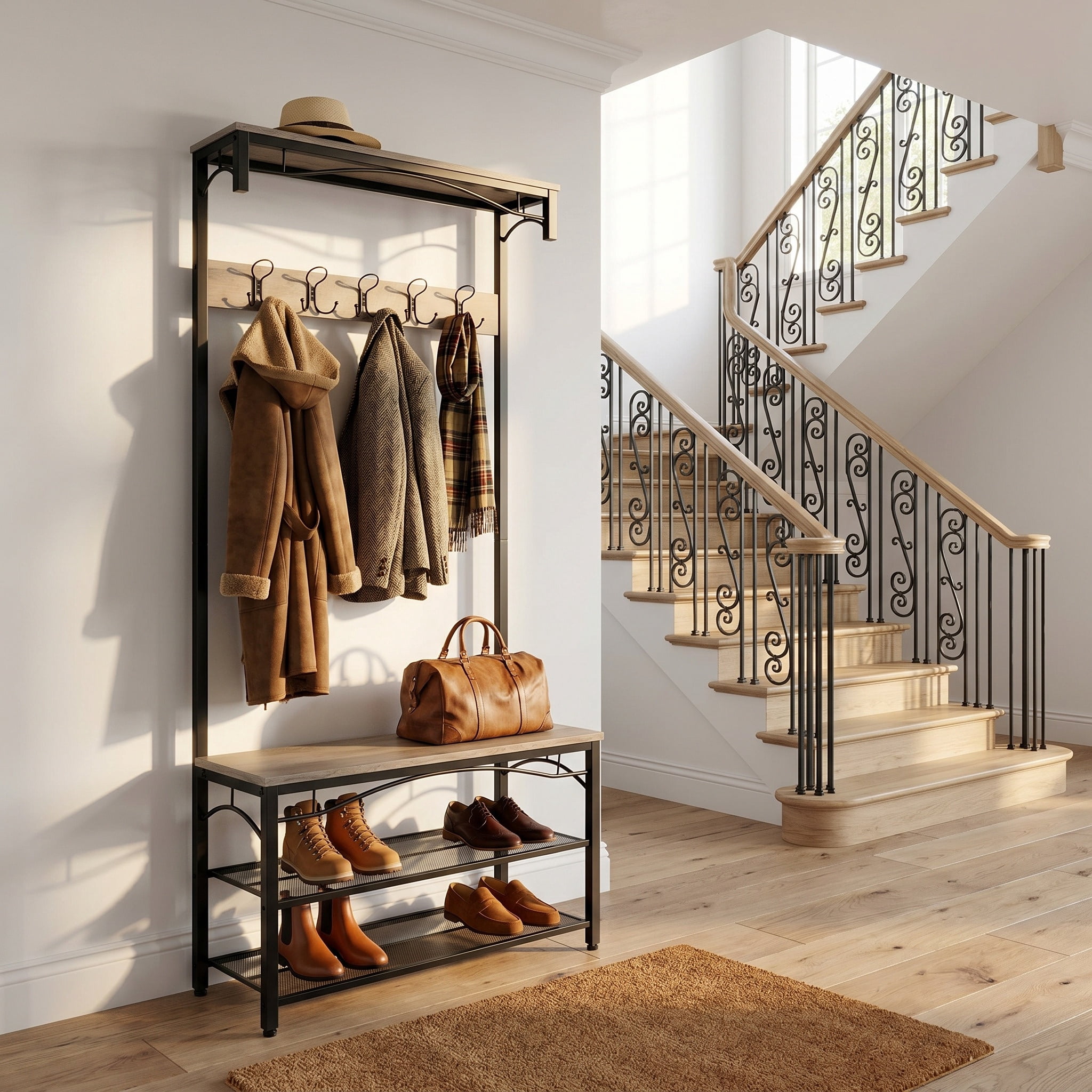 Nordic Hygge 70.3 in. Industrial Hall Tree with Shoe Bench & Storage Shelves, Greige & Black