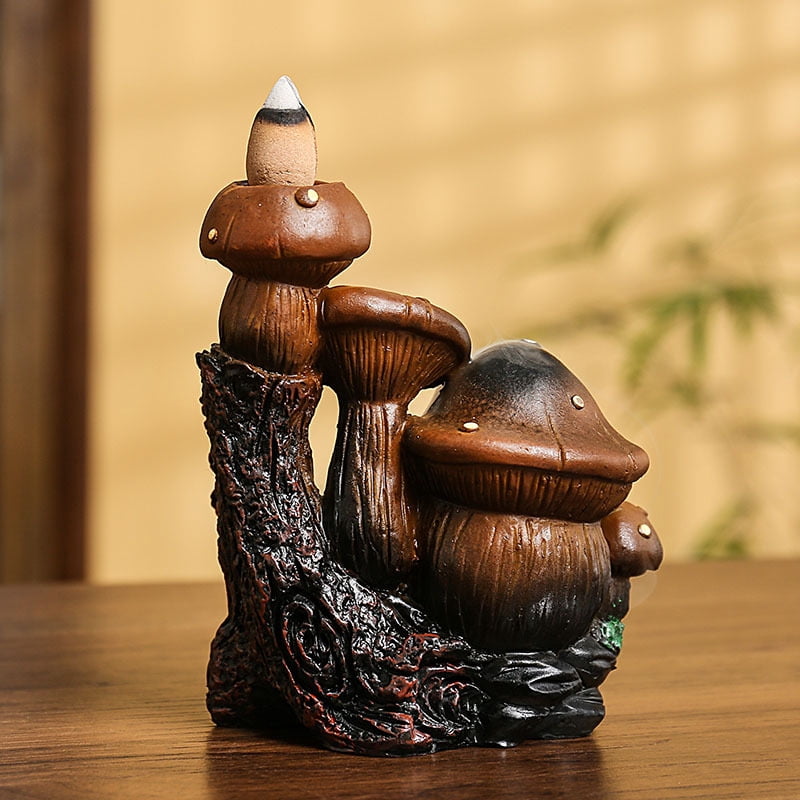 Mushroom House Backflow Censer Backflow Incense Burner Resin Mushroom House Incense Burner Mushroom Incense Holder Flowing Smoke Burner for Relax Desktop Ornament