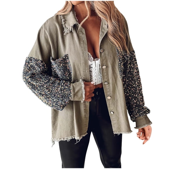 WRKEKC Sequin Blouse Sparkle Shirt Long Sleeve Notched Lapel with Front Pocket Glittery Top for Evening Party Holiday Wear Coffee L