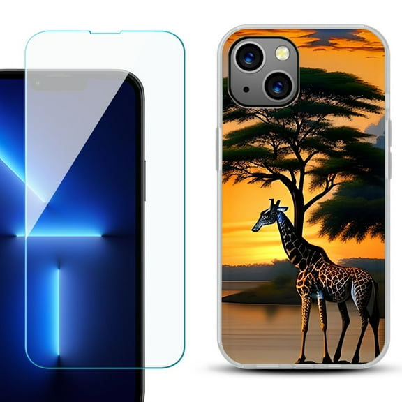 OneToughShield ® for iPhone 13 Shockproof Phone Case, with Tempered Glass Screen Protector - Giraffe Sunset