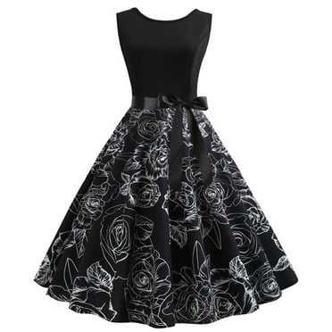 IROINNID Sleeveless V-Neck Dress For Women Summer Vintage Bow Splicing Party Swing Dress Prints Knee-Length Empire Dress