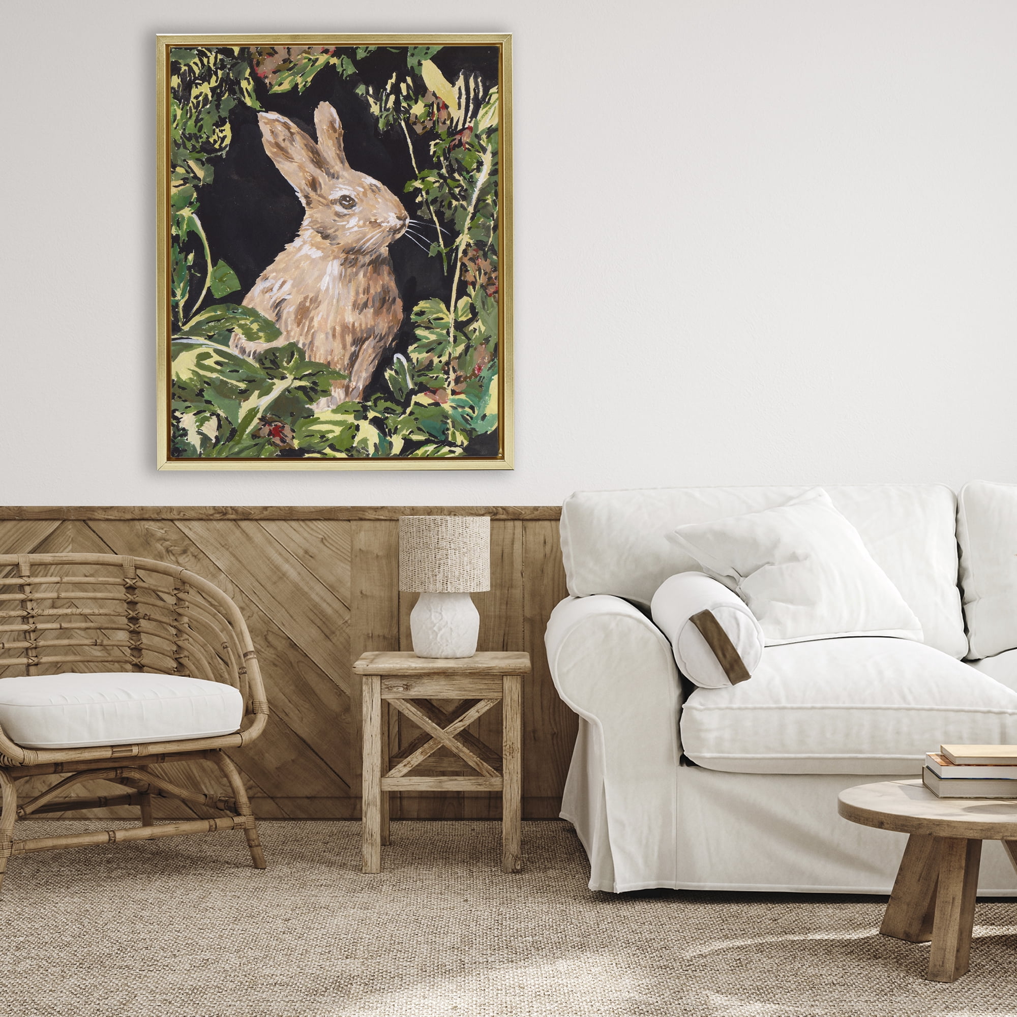 Stupell Industries Wreathed Botanicals Rabbit Gold Framed Floater Canvas Wall Art, design by Melissa Wang