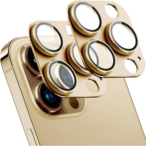 (2 Pack) Camera Lens Protector for iPhone 14 Pro/iPhone 14 Pro Max,[Drop Protection] 9H Tempered Glass Camera Cover Screen Metal Ring Case Friendly Scratch Resistant Easy to Install - Black (Gold)