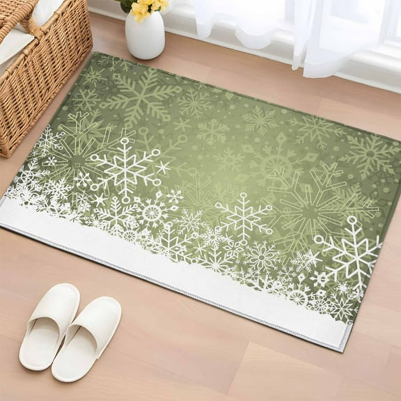 Sage Green Snowflakes Christmas Bathroom Rug Washable 2x3 Entryway Rug Non Slip Winter Xmas Snowflake Front Door Mat Low Pile Indoor Doormat Throw Floor Carpet for Kitchen Bedroom Entrance