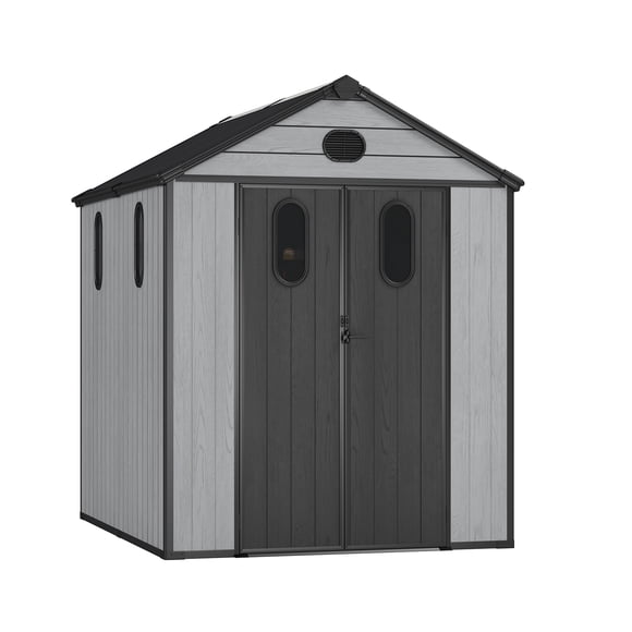 Aoodor 6 x 7.5 FT Outdoor Resin Storage Shed with Windows, Mesh Vents and Lockable Door, Heavy-Duty Plastic Tool Storage for Garden, Backyard and Patio