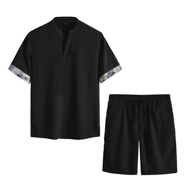 PEASKJP Men's 2 Piece Tracksuit Sets Graphic Short Sleeve Round Neck Tee and Drawstring Pockets Shorts Set,Black M