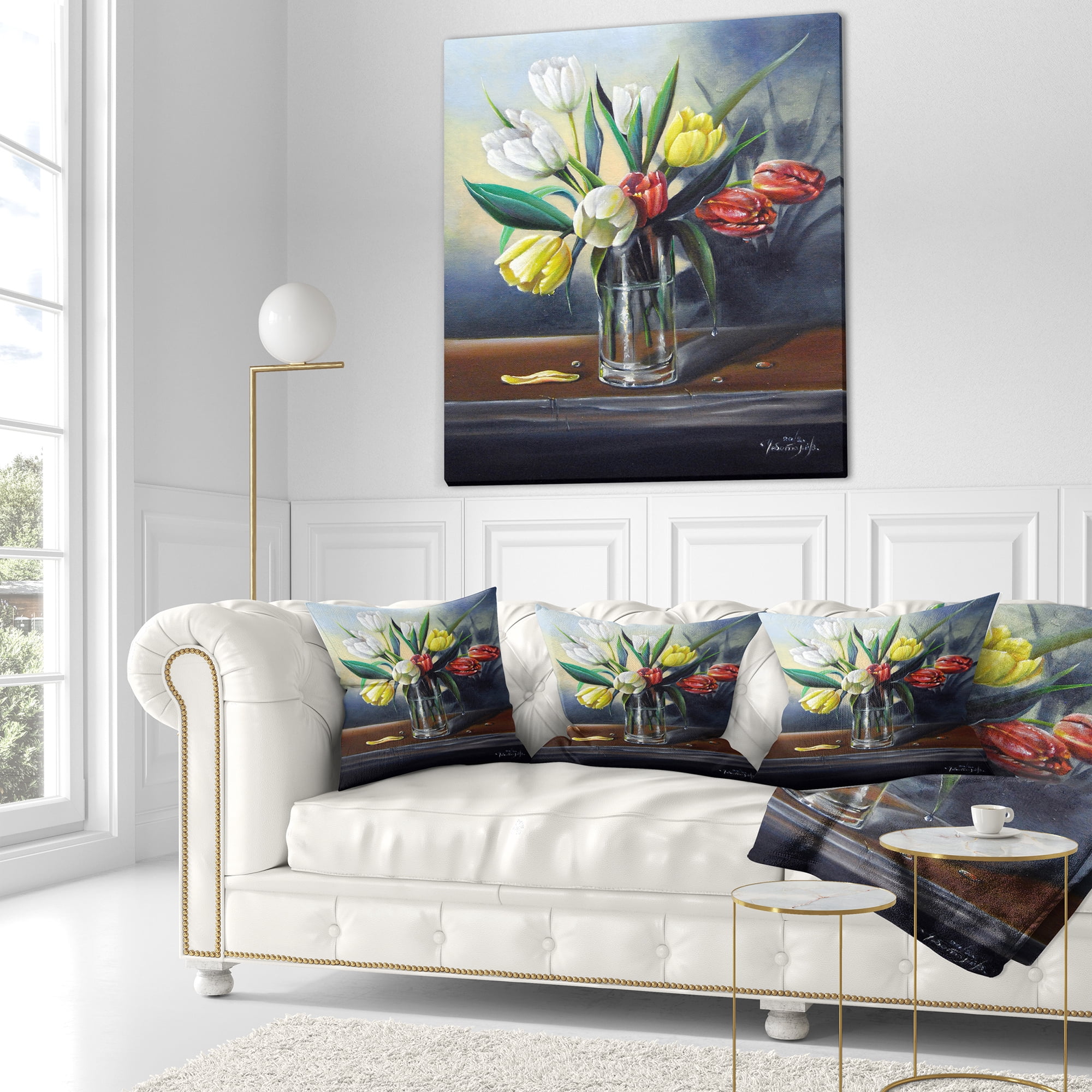 Designart Red White Yellow Tulips - Floral Painting Throw Pillow - 18x18