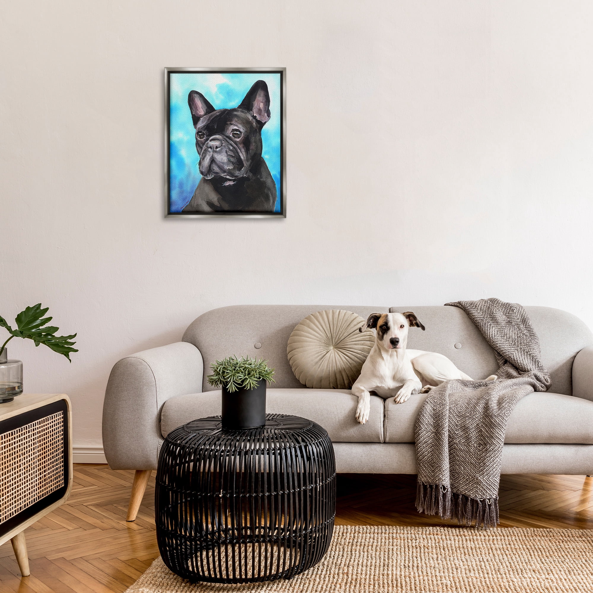Stupell Industries French Bulldog on Blue Animals & Insects Painting Gray Floater Framed Canvas Art Print Wall Art, 25 x 31