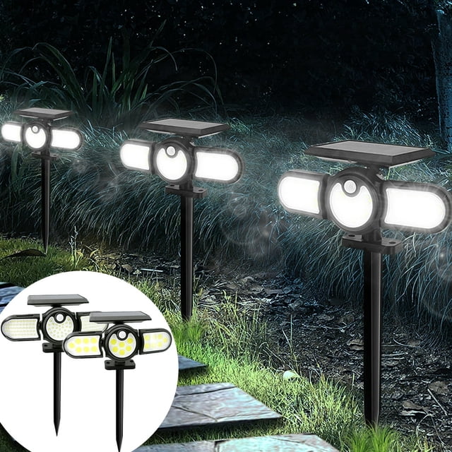 POINTERTECK 140 COB Solar Motion Sensor Light 3 Lighting Modes IP65 Waterproof Three Head LED Flood Lights 270° Wide Lighting Angle Reusable LED Wall Light for Garden Wall Porch Yard Gar