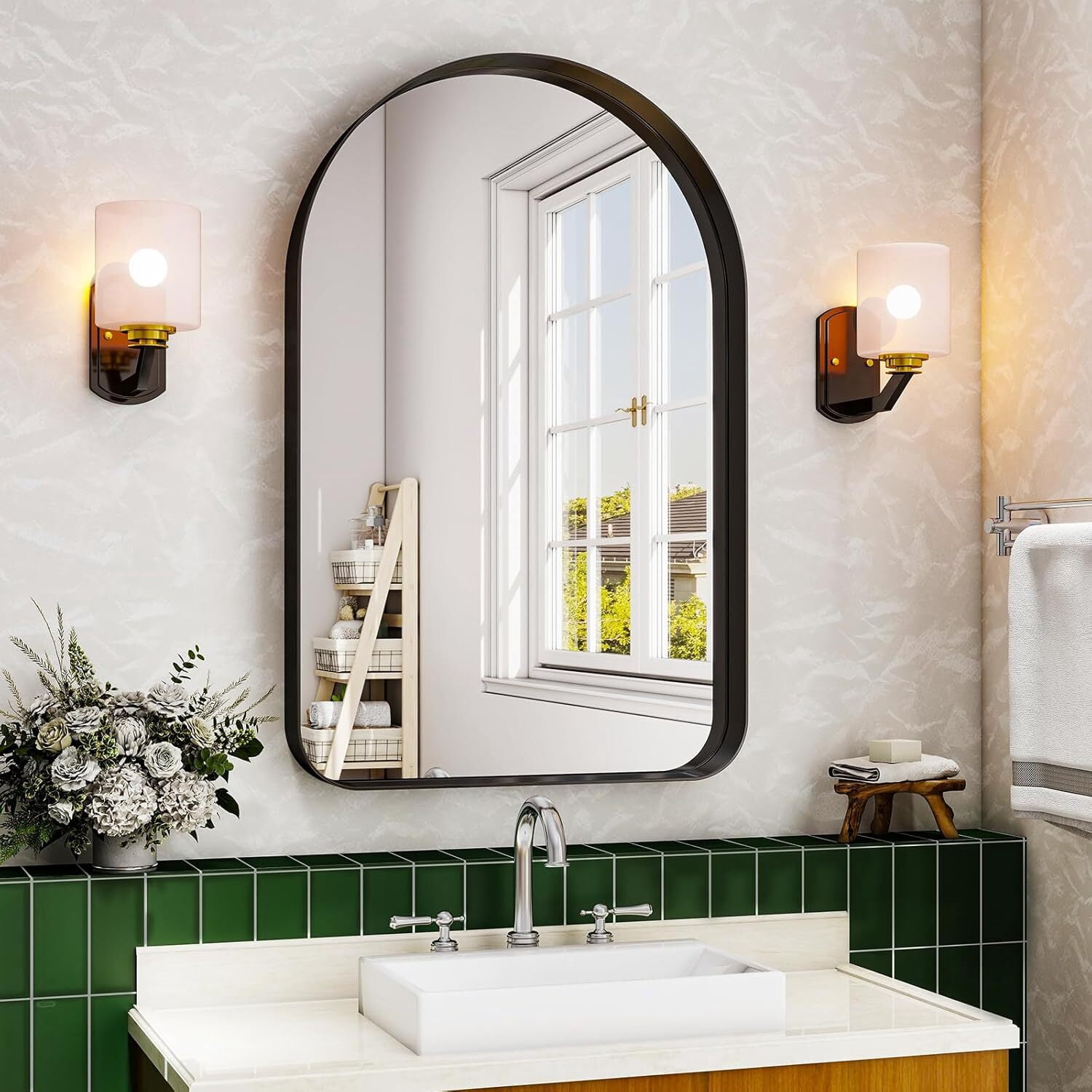 Anyrose 30"x 20"Arched Bathroom Mirror Wall Mirror Deep Frame Hanging,Black