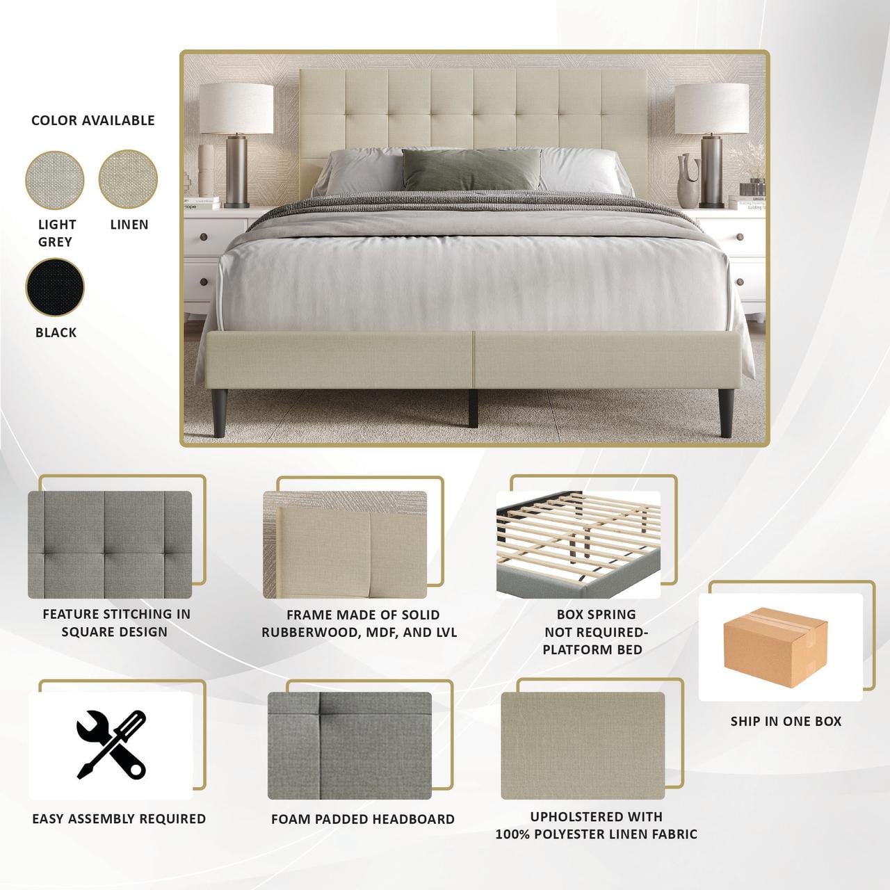 Castle Place Classic Linen Upholstered Full Platform Bed, Light Grey