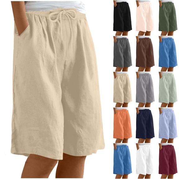 Bloomae Womens Wide Leg Cotton Linen Shorts Plus Size Comfy Bermuda Shorts Lightweight Summer Casual Short Pants Loose Knee Length Shorts with Pockets