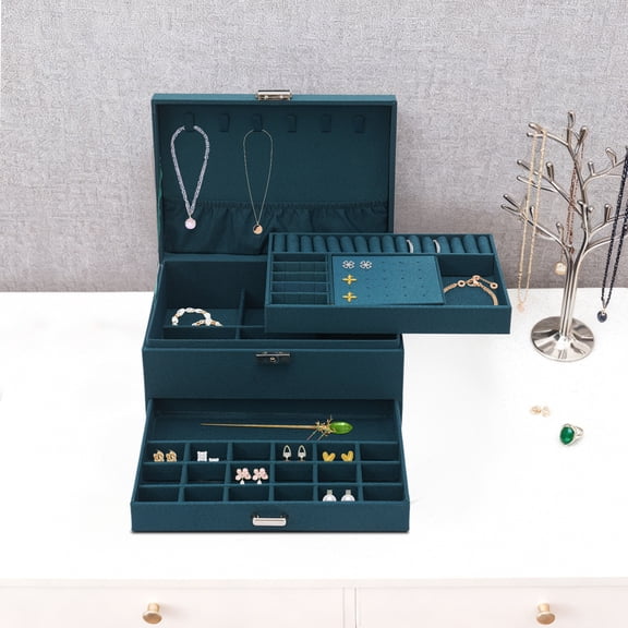 Jewelry Box Organizer for Women, 3-Tier Stackable Jewelry Storage Case with 15 Ring Slots & 10 Earring Hooks & 18 Stud Holes, Large Capacity Velvet Jewelry Display for Necklaces Bracelets Watches