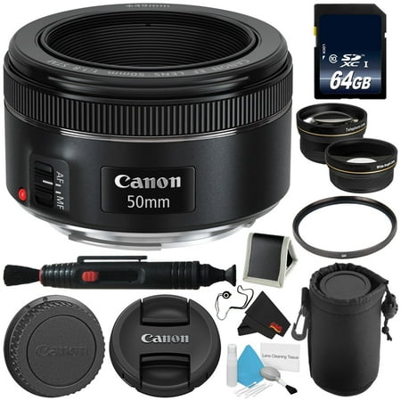 Canon EF 50mm F1.8 STM Lens 64GB SDXC Class 10 Memory Card Lens Pen Cleaner 49mm UV Filter Deluxe Lens Pouch Deluxe Cleaning Kit Memory Card Wallet MicroFiber Cloth Bundle International Model