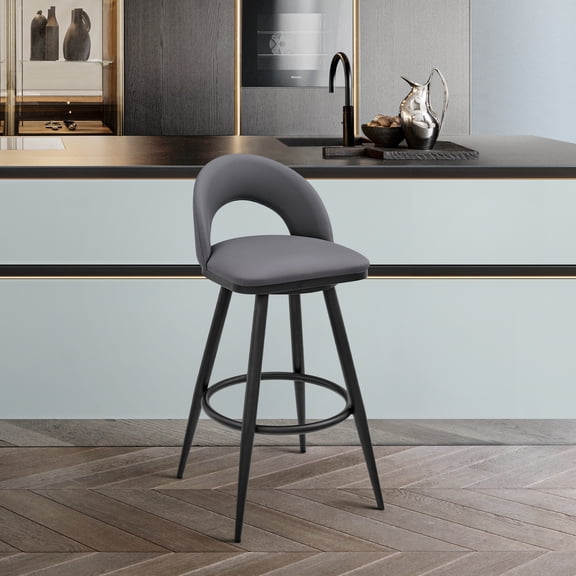 Charlotte Swivel Bar Stool in Black Metal with Gray Faux Leather