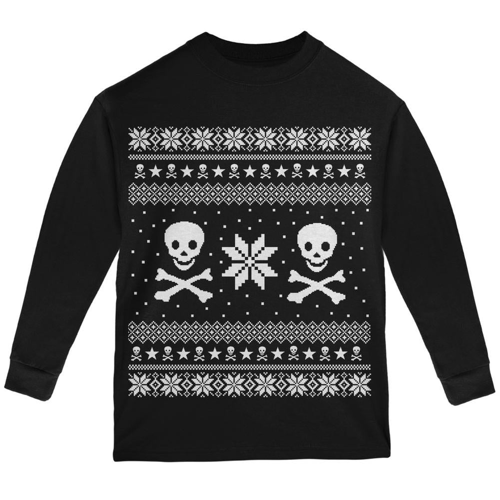 Skull & Crossbones Ugly Christmas Sweater Black Youth Long Sleeve T-Shirt 