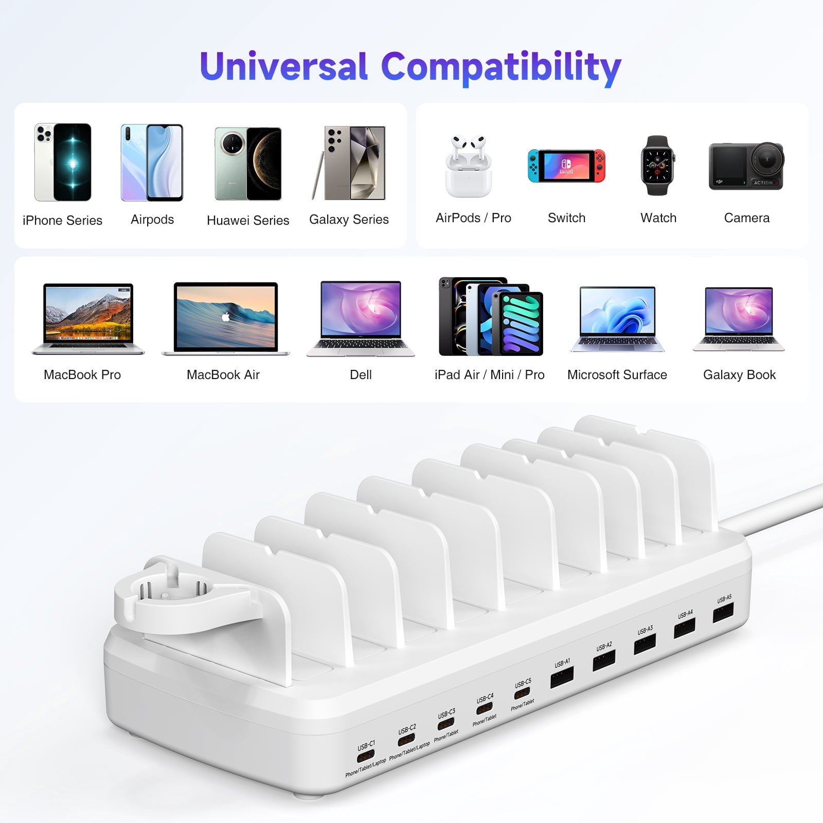 320W Charging Station for Multiple Devices, 10 Ports Fast Multi-Device Charger Organizer Compatible with MacBook Pro Laptop, iPhone, Android, Ipad, Tablet, Kindle, Family Multi-Device Charging Dock