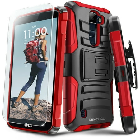 LG K10 Case, Evocel® Rugged Holster Dual Layer Case [Kickstand] [Belt Swivel Clip] HD Screen Protector For LG K10 (2016 Release), Red
