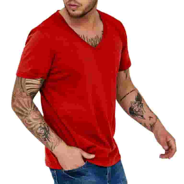 Tシャツ・カットソー DUVETICA Calori Dark Red Men's Short Sleeve T-shirt V-24S-VU Red T-Shirts Mens V Neck T Shirt Fashion Casual Quick Dry