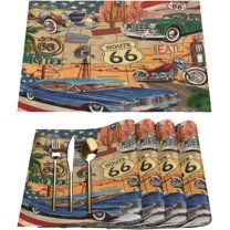 Retro Poster Car Placemats Set of 6 Fabric Placemats Square Placemat for Kitchen Table Heat Resistant, Easy to Clean Table Placemats 12x18 Inch