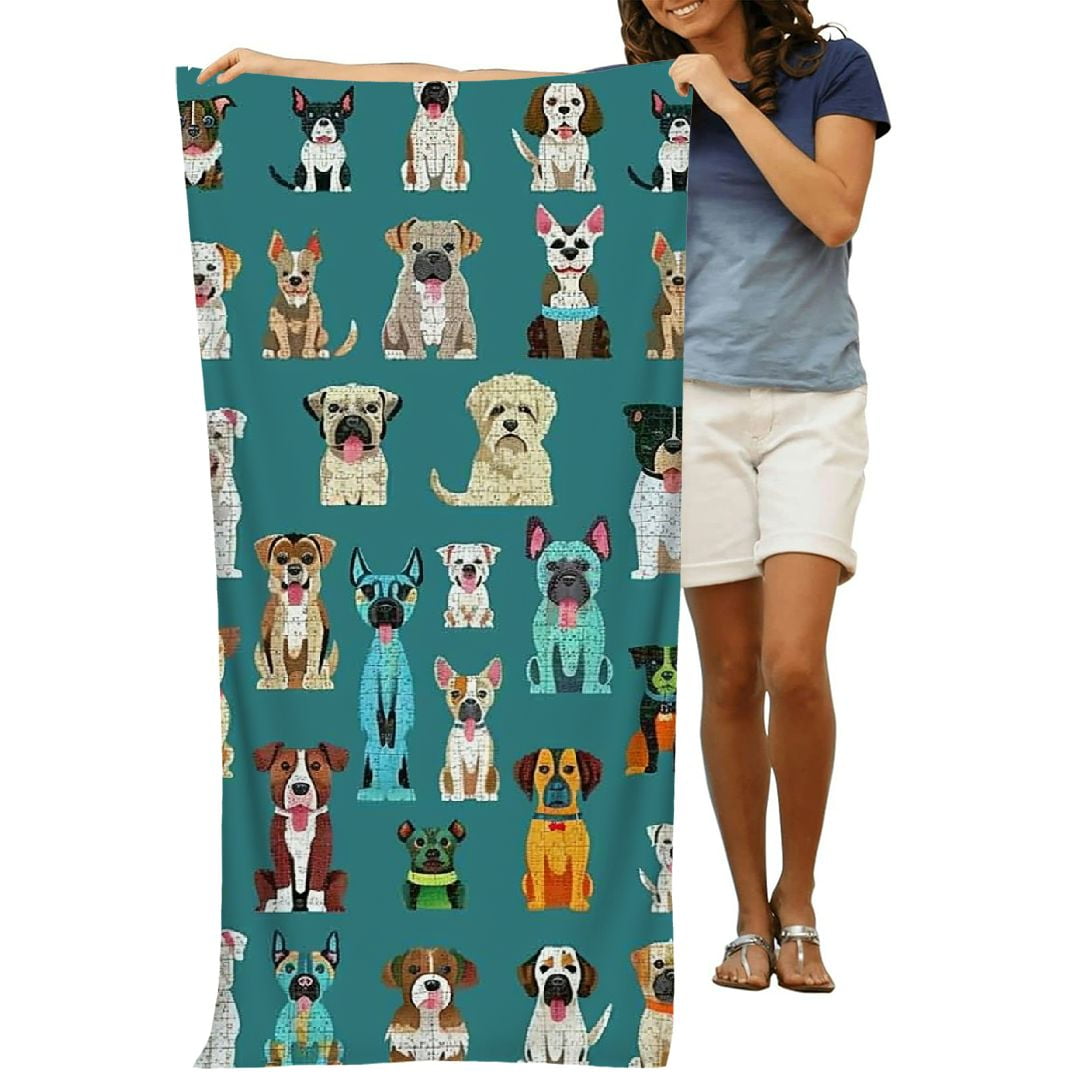 PHYHOO Animal Dog Microfiber Beach Towel, Cute Dog Pattern Large Oversized Beach Towel Lightweight Quick Dry Soft Absorbent Bath Towel, Sand Free Towel for Swimming Travel Sports 30x60in