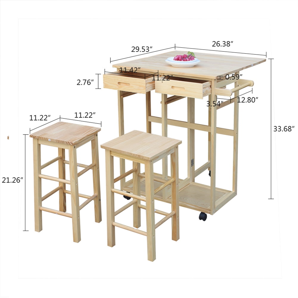 Kadyn Square Solid Wood Folding Dining Cart, Kitchen Cart Island with 2 Free Stools, Kitchen Cart for Dining Room, Natural