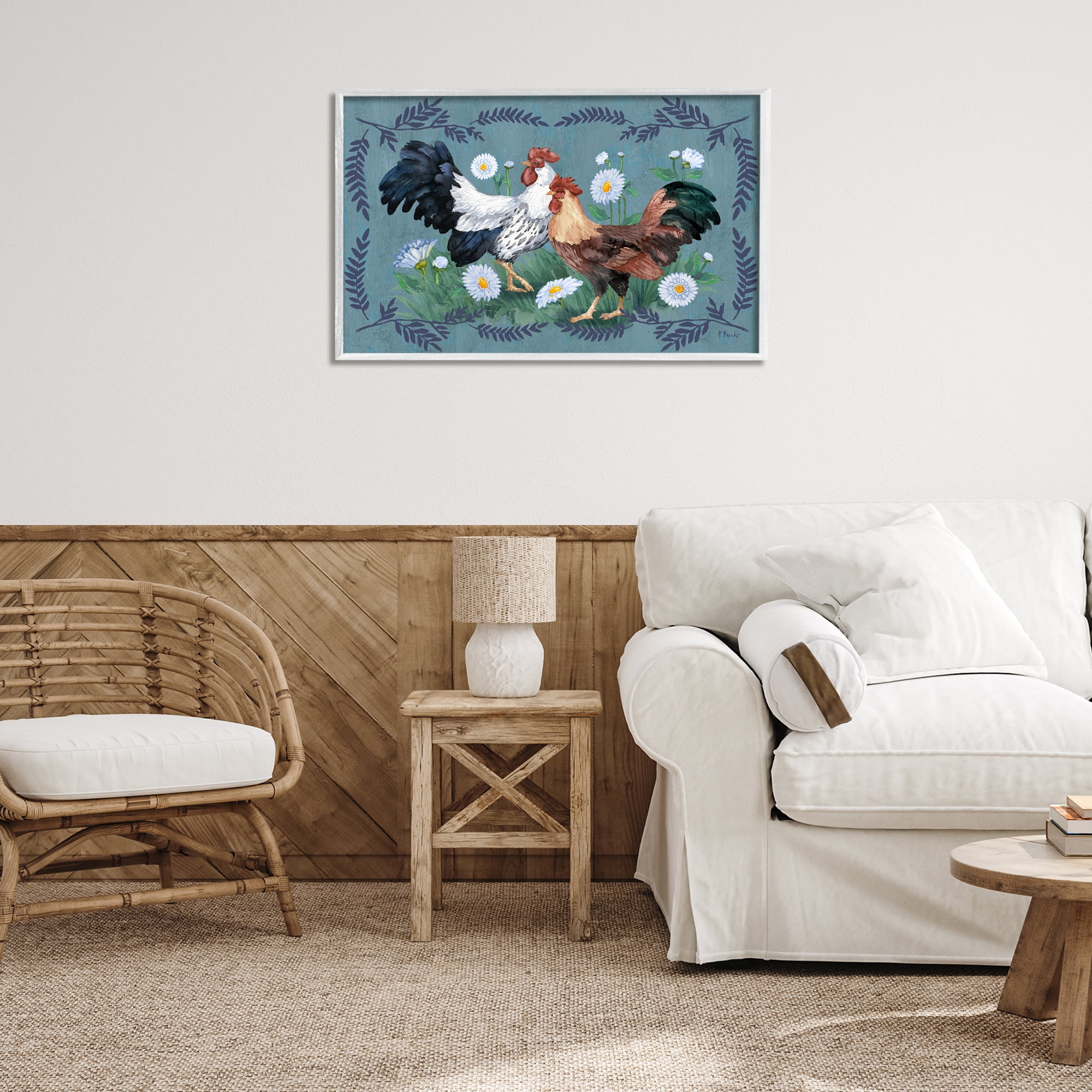 Stupell Industries Roosters with Fern Trim Animals & Insects Painting White Framed Art Print Wall Art, 30 x 20
