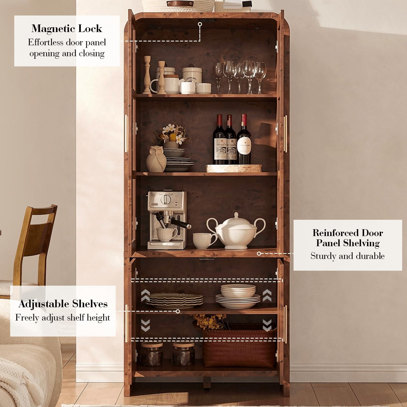 Vintagearth  77" Tall Kitchen Pantry Cabinet, 1.18'' Thick Panel Curved Storage Cupboard with Adjustable Shelf, Freestanding Organizer for Kitchen, Dining Room, Dark Burl