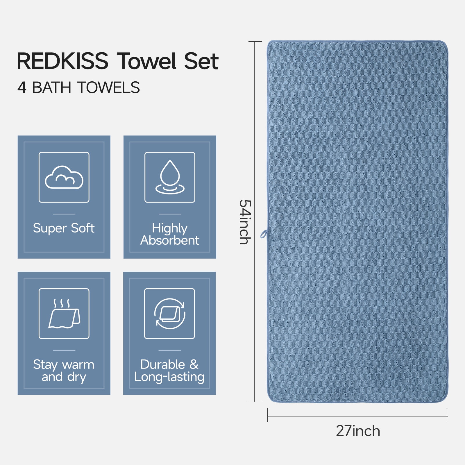 REDKISS 4-Pack Microfiber Bath Towels, 27x54 Quick Dry Waffle Towels Set. Multicolor Cloud Texture Super Absorbent Bath Towel for Bathroom.