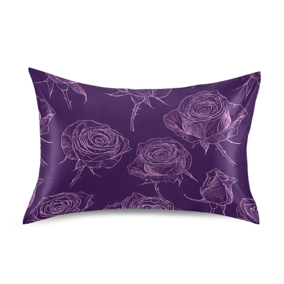 Satin Pillow Case Standard Silk Pillow Cover for Hair and Skin Envelope Closure Purple Rose Line Art 20"x26"