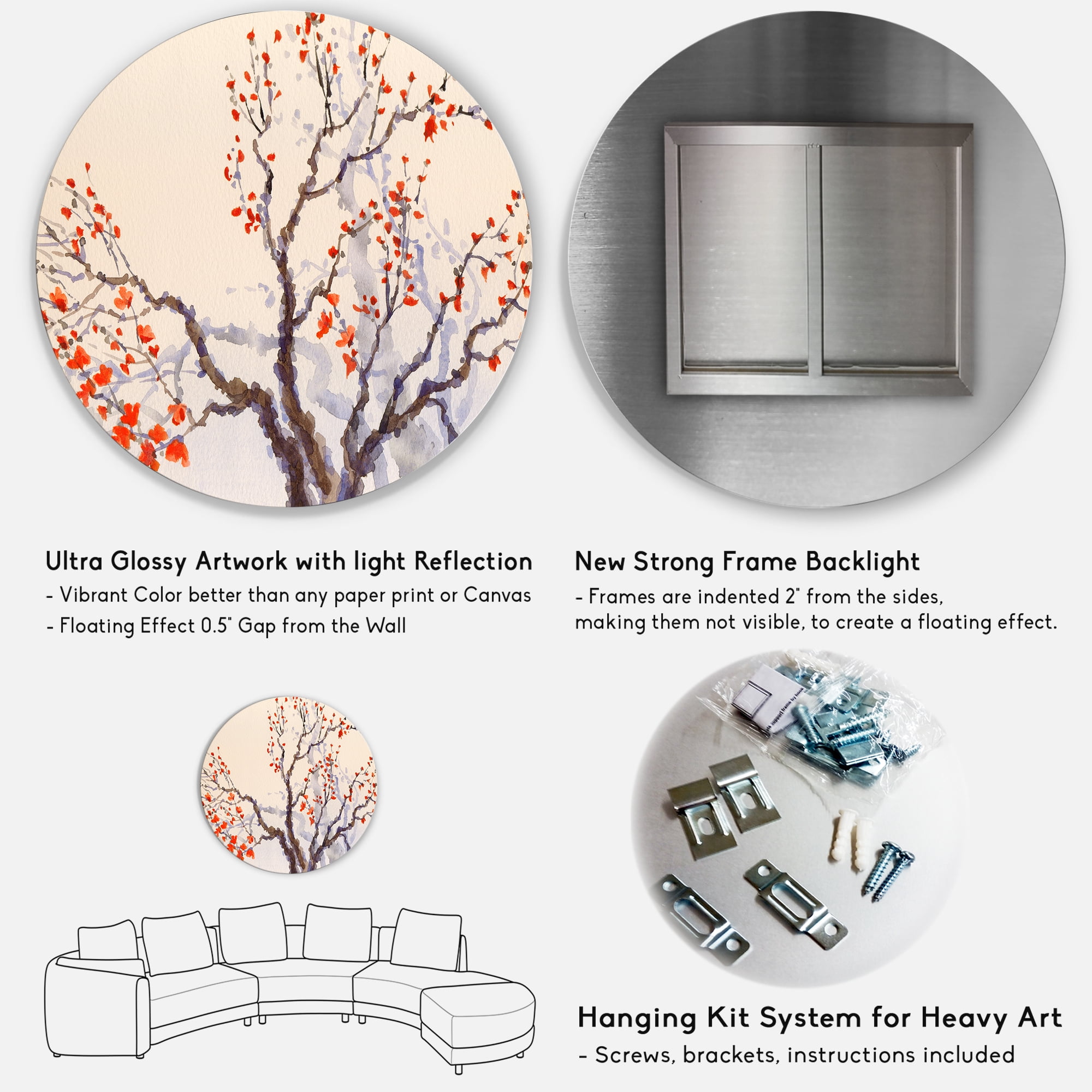 Designart 'Buds and Red Flowers On The Spring Blossoming Tree' Traditional Circle Metal Wall Art 36x36 - Disc of 36