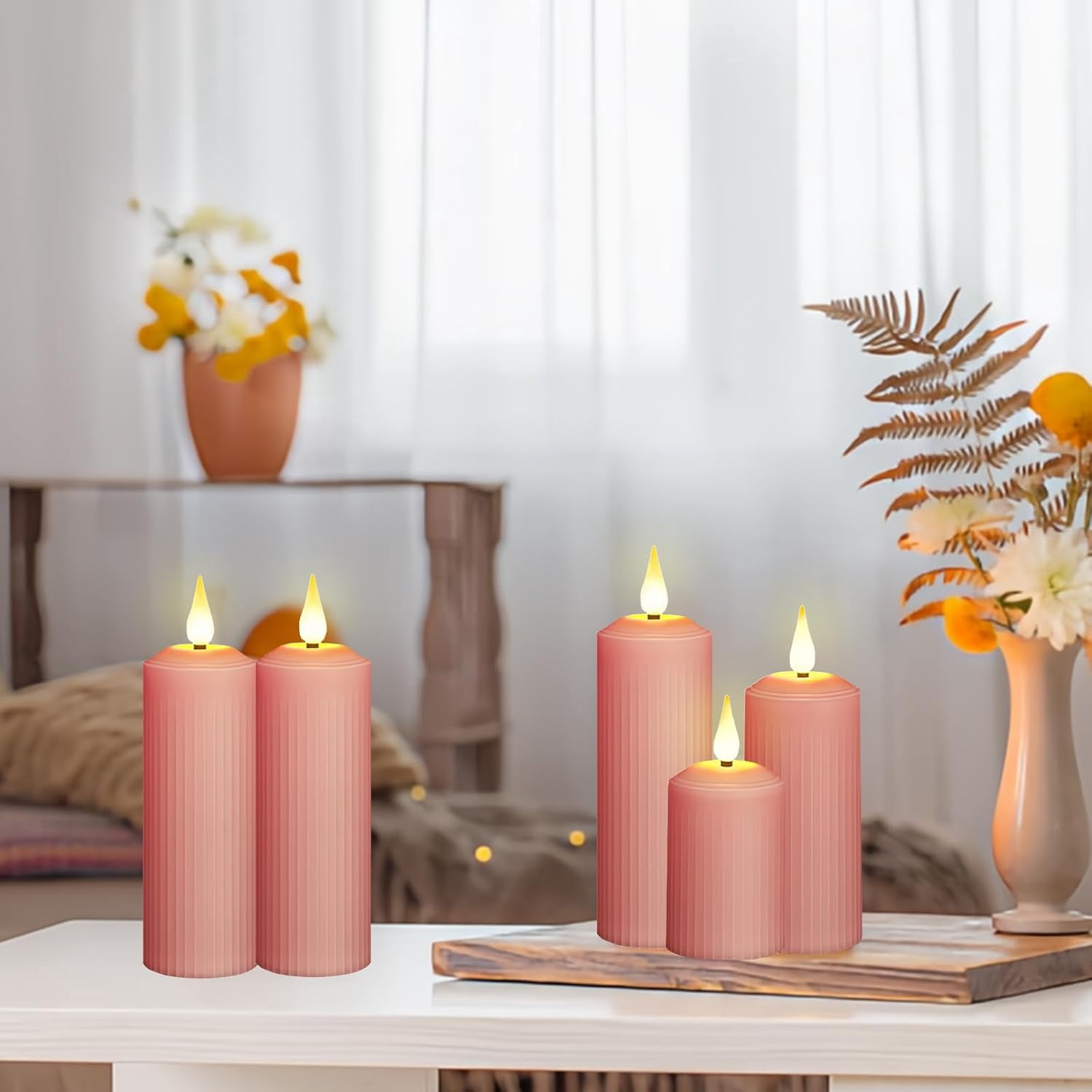 Flickering Flameless Candles, 2PCS Rechargeable Fake Pillar Candles with Remote & Timer, IP44 Waterproof for Lantern Holiday Wedding Party Home Decor (Pink)