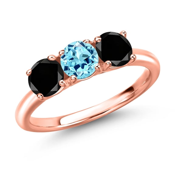 Gem Stone King 18K Rose Gold Plated Silver Blue Apatite and Black Diamond Engagement Ring for Women | 1.60 Cttw | Round 5MM | Gemstone Birthstone | Size 7