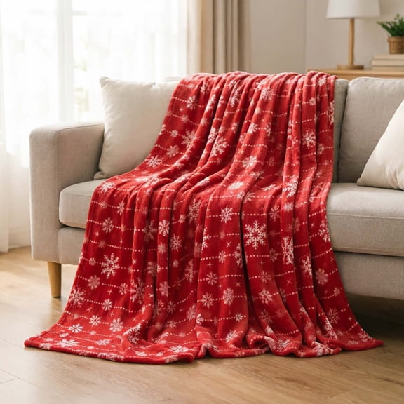 Red Snowflake Throw Blanket for Couch or Bed, Soft Flannel Warm Cozy Decor Cover, Washable Blanket for Bedroom Daily Comfort Use.