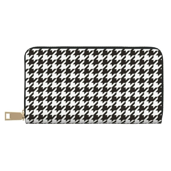 Leather Thin Slim Wallets for Women Men - Houndstooth Black And White Clutch Card Wallet for Women Men with Zipper