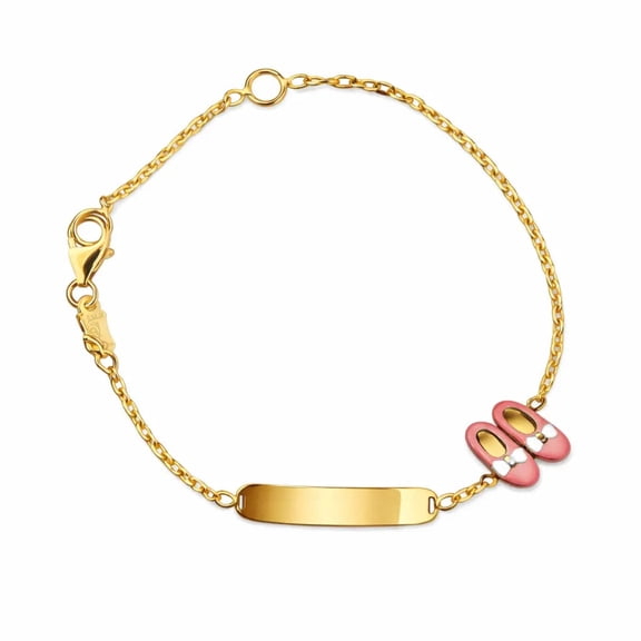 18k Solid Yellow Gold Pink Enamel Ballet Shoes Id Bracelet