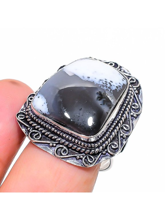 Dendritic Opal Gemstone Ring Handmade Antique Design Vintage Jewelry 10" VR 2367