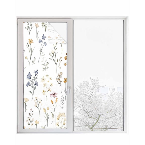 Window Privacy Film Spring Wildflowers Stained Glass Window Film Decorative Sun Block Window Cover Rustic Pastoral Botanical Floral Window Clings Static Adhesive Sticker for Bathroom 29.5"x78.7"