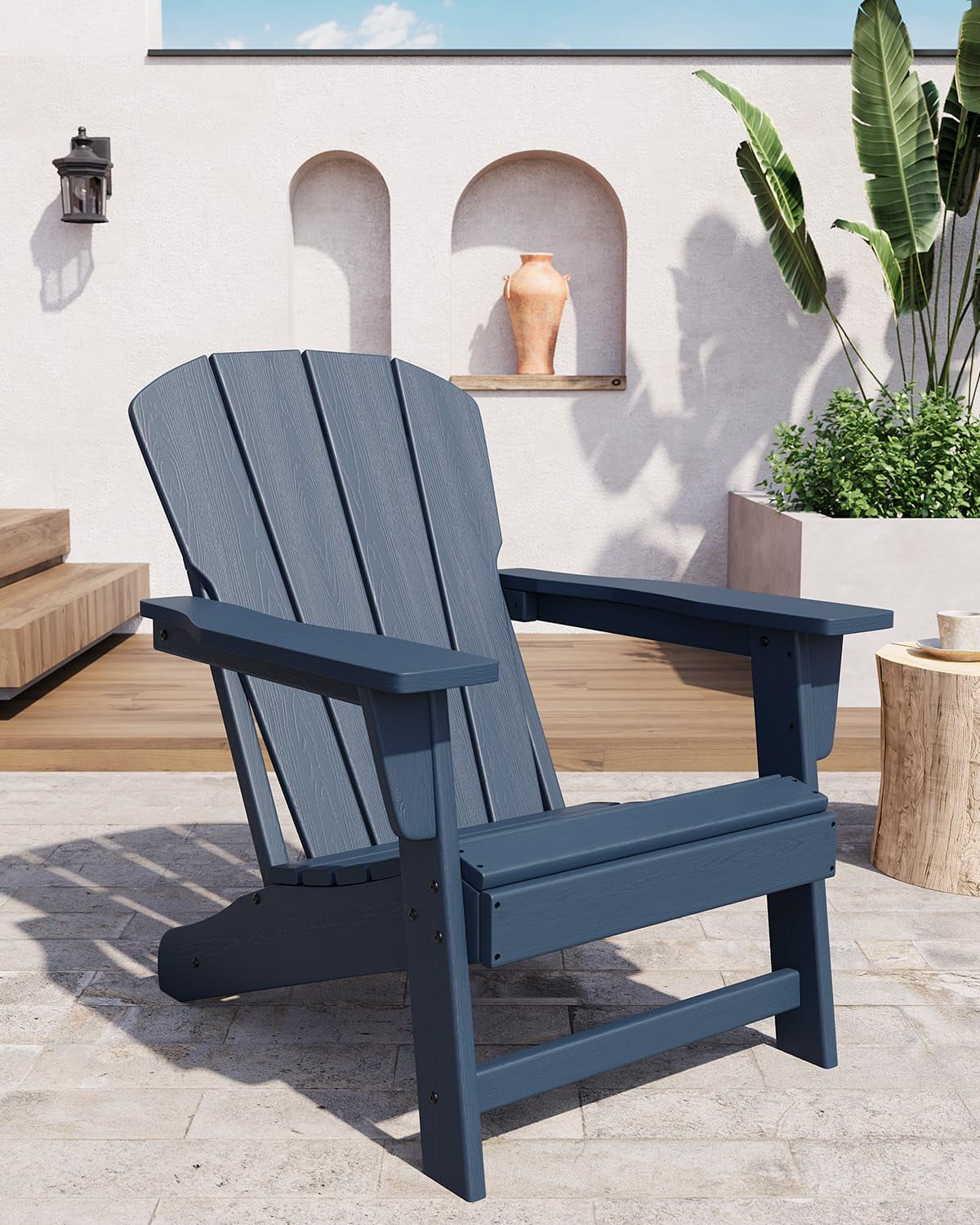 Outdoor Adirondack Chairs, HDPE Plastic Patio Chairs for All Weather, Weather-Resistant Fire Pit Chair with Wide Armrests & Slatted Back, for Patio, Deck, Lawn, Navy Blue