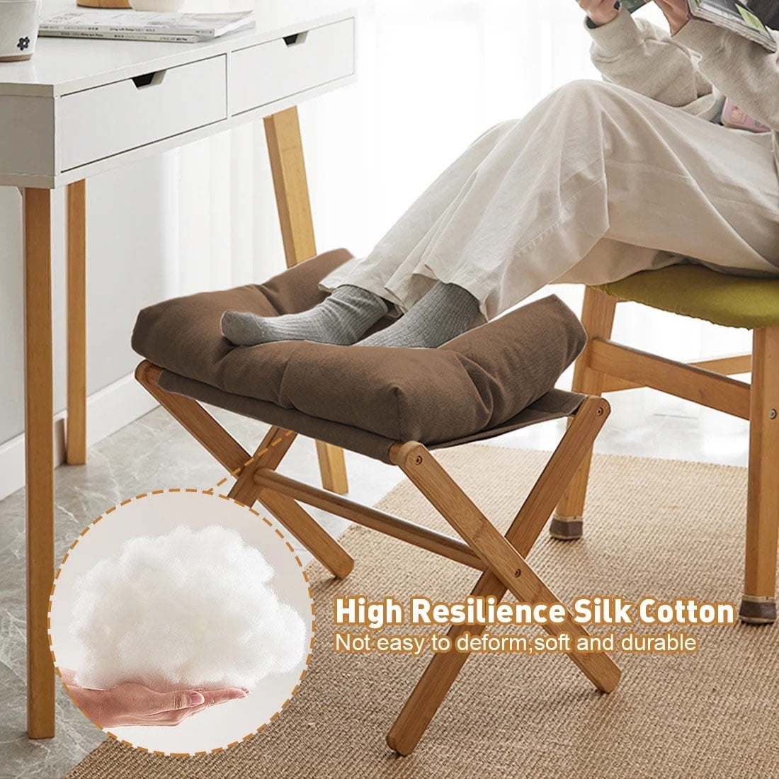 TEAFIRST Folding Footrest Stool, Footstool, Small Portable Bamboo Accent Ottoman,with Padded Brown