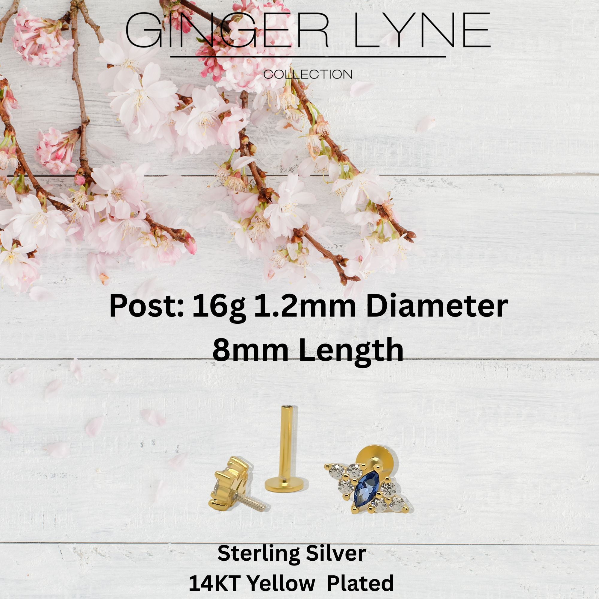 Blue Marquise CZ Flat Back Earrings for Cartilage or Lobe 16g Gold Plated Sterling Silver 1 pair by Ginger Lyne